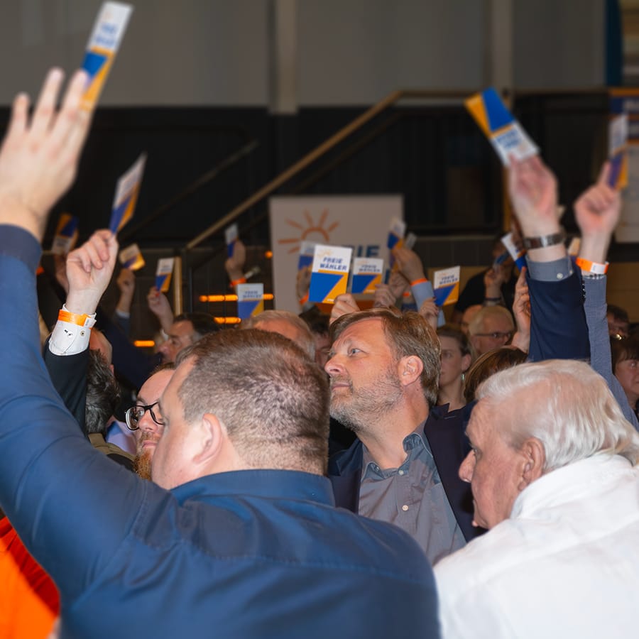 FREIE WÄHLER halten Stimmkarten hoch.